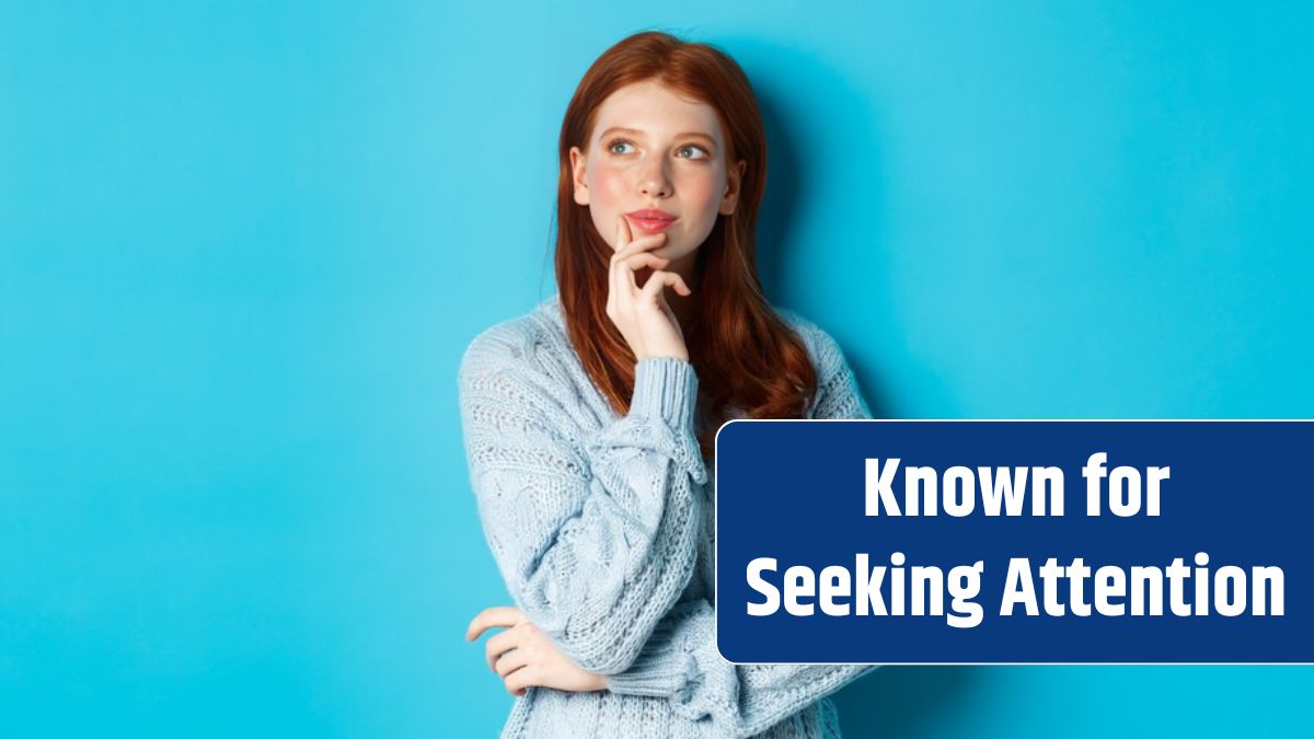 Thoughtful cute woman with red hair, looking upper left corner logo and thinking, imaging something, standing over blue background.